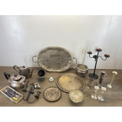 348 - A collection of metalware to include Victorian EPNS teapot, vintage The Brandon & Byshottles Equitab... 