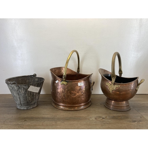 351 - Three pieces of metalware, two 19th century copper coal scuttles and one mid 20th century galvanised... 