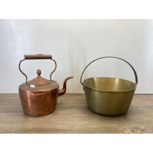 354 - Two pieces of 19th century metalware, one copper kettle and one brass preserve pan