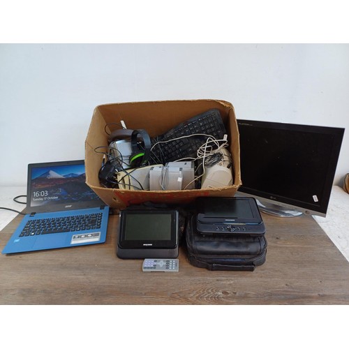 699 - A box of tech items to include Acer laptop, Turtle Beach gaming headset, speakers, power amplifier, ... 