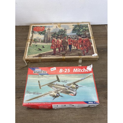 365 - Three items, vintage Victory plywood jig-saw puzzle, boxed Monogram SnapTite B-25 Mitchell model kit... 