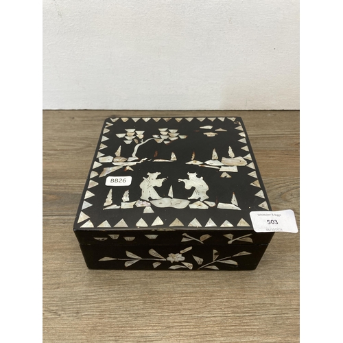 604 - Five items, vintage Chinese black lacquered and mother of pearl inlaid square box - approx. 7cm high... 