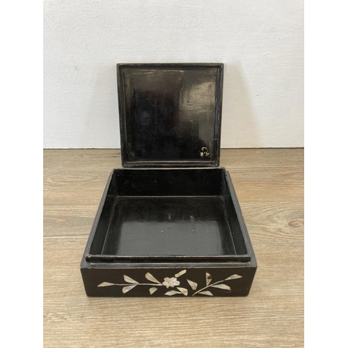 604 - Five items, vintage Chinese black lacquered and mother of pearl inlaid square box - approx. 7cm high... 