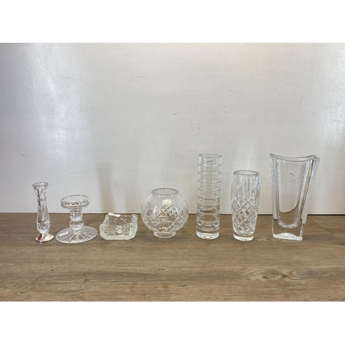 302 - Six pieces of glassware to include Galway vase etc.