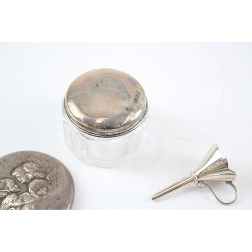 2296 - Five hallmarked sterling silver vanity items to include scent bottle with butterfly design, button h... 