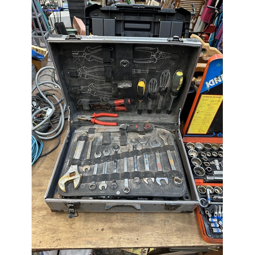 840 - A large collection of tools to include cased King Tony socket set, cased Halfords tool set, early 20... 