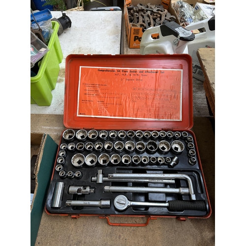 851 - A cased fifty four piece socket and attachment set together with two heavy duty spanners