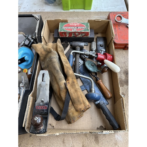 852 - Two boxes containing tools to include Anant wood plane, set of seven Marple's chisels and cast metal... 