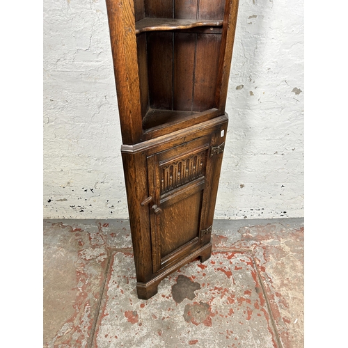 102A - A Titchmarsh & Goodwin carved oak narrow corner cabinet - approx. 167cm high x 43cm wide x 23cm deep