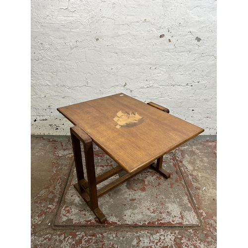 112 - A 1930s inlaid oak tilt top occasional table - approx. 46cm high when tilted x 52cm wide x 61cm long