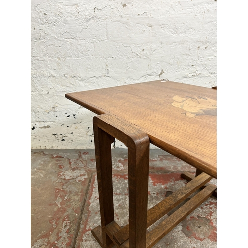 112 - A 1930s inlaid oak tilt top occasional table - approx. 46cm high when tilted x 52cm wide x 61cm long