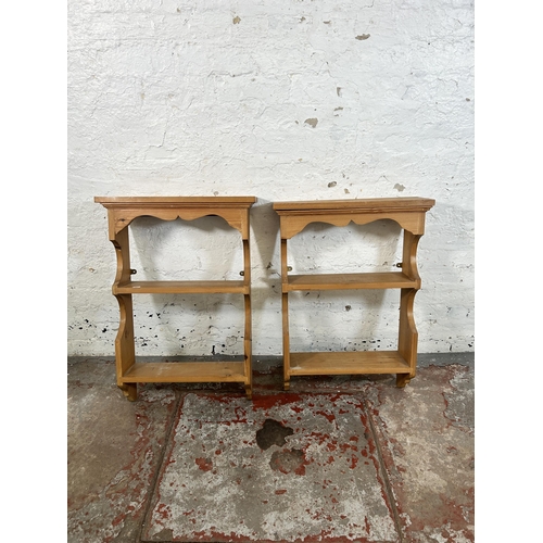 13 - A pair of Victorian style solid pine farmhouse two tier wall hanging shelving units - approx. 78cm h... 