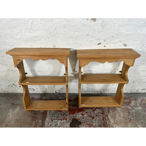 13 - A pair of Victorian style solid pine farmhouse two tier wall hanging shelving units - approx. 78cm h... 