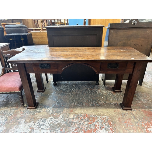 15 - An Arts & Crafts style reclaimed pine writing desk - approx. 76cm high x 160cm wide x 65cm deep