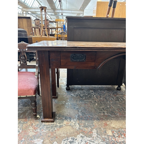 15 - An Arts & Crafts style reclaimed pine writing desk - approx. 76cm high x 160cm wide x 65cm deep