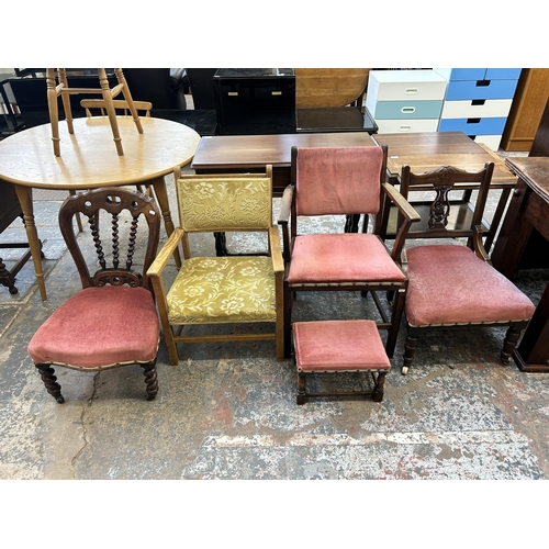 16 - Five pieces of furniture to include late 19th/early 20th century carved mahogany and pink fabric uph... 