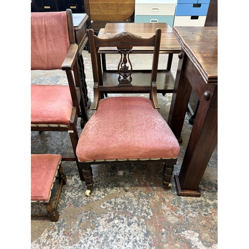 16 - Five pieces of furniture to include late 19th/early 20th century carved mahogany and pink fabric uph... 