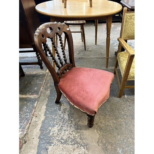 16 - Five pieces of furniture to include late 19th/early 20th century carved mahogany and pink fabric uph... 