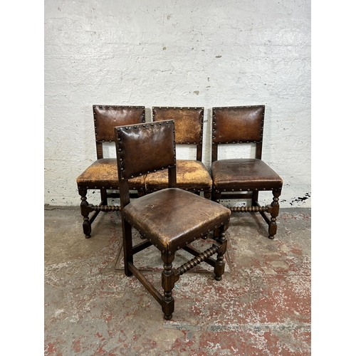 18 - Four Cromwellian style oak and brown leather dining chairs