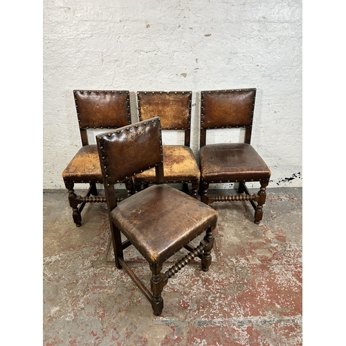 18 - Four Cromwellian style oak and brown leather dining chairs