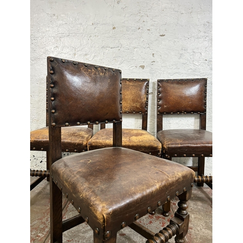 18 - Four Cromwellian style oak and brown leather dining chairs