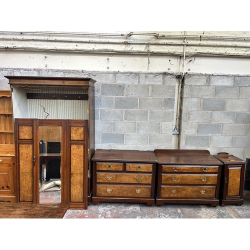 3 - An Edwardian burr walnut and mahogany four piece bedroom suite comprising mirror door wardrobe, two ... 