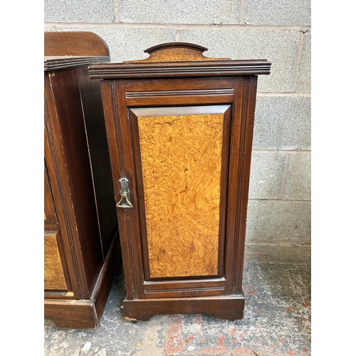 3 - An Edwardian burr walnut and mahogany four piece bedroom suite comprising mirror door wardrobe, two ... 