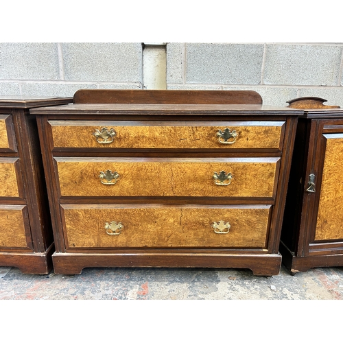 3 - An Edwardian burr walnut and mahogany four piece bedroom suite comprising mirror door wardrobe, two ... 