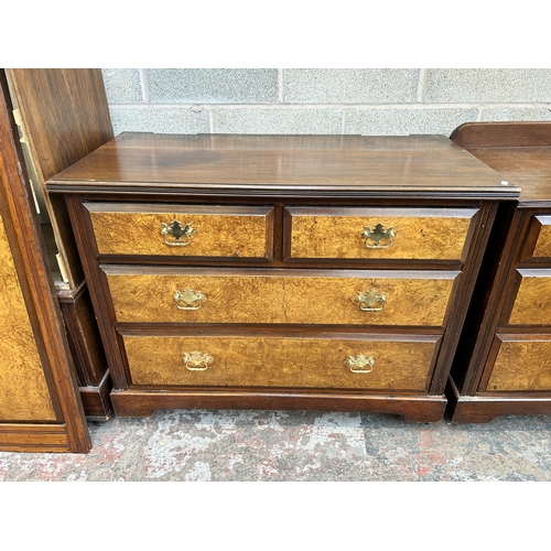 3 - An Edwardian burr walnut and mahogany four piece bedroom suite comprising mirror door wardrobe, two ... 