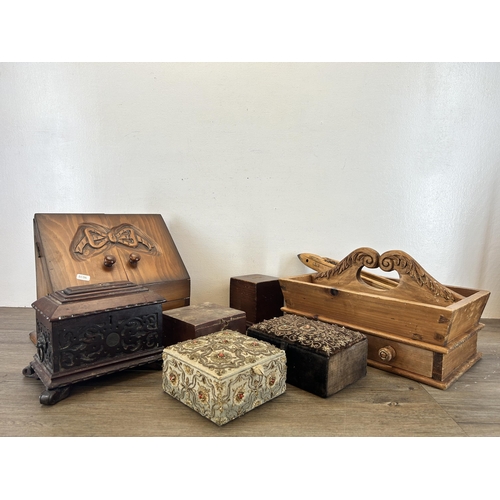 602 - A collection of treenware to include vintage desk tidy with carved bow front, 19th century style car... 