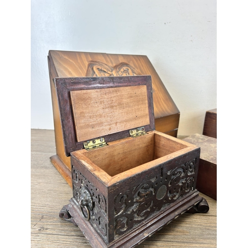 602 - A collection of treenware to include vintage desk tidy with carved bow front, 19th century style car... 