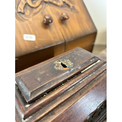 602 - A collection of treenware to include vintage desk tidy with carved bow front, 19th century style car... 