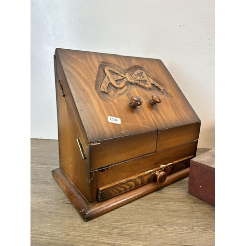 602 - A collection of treenware to include vintage desk tidy with carved bow front, 19th century style car... 