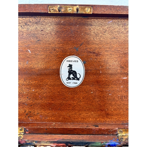 603 - An early 20th century Reeves mahogany cased artist travel box with gilt painted M.B initials to top ... 