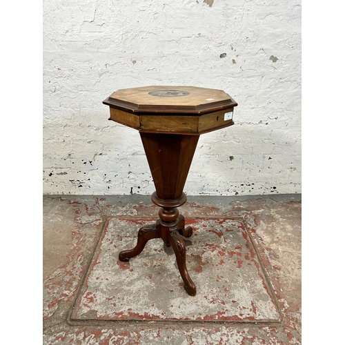 63 - A Victorian inlaid walnut octagonal sewing table - approx. 71cm high x 41cm wide x 40cm deep