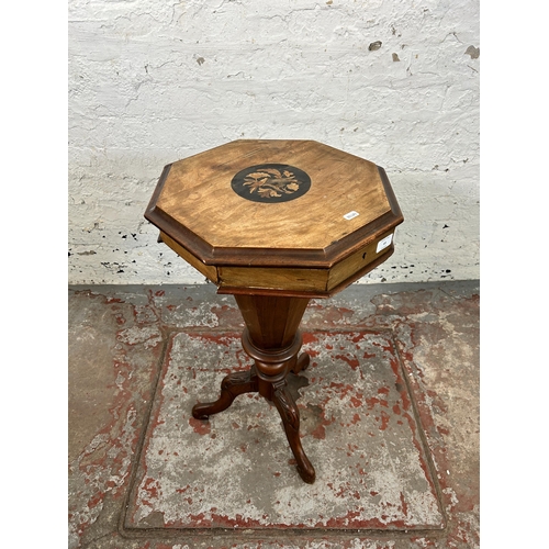 63 - A Victorian inlaid walnut octagonal sewing table - approx. 71cm high x 41cm wide x 40cm deep