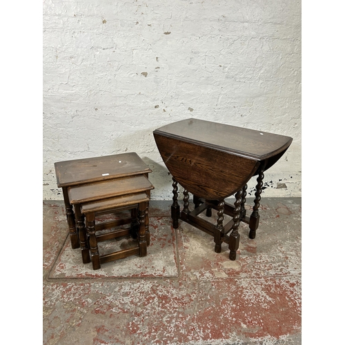 65 - Two pieces of oak furniture, one drop leaf gate leg occasional table on barley twist supports and on... 