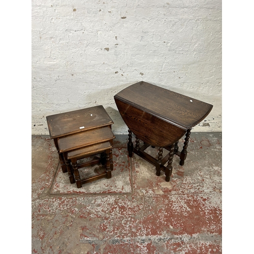 65 - Two pieces of oak furniture, one drop leaf gate leg occasional table on barley twist supports and on... 