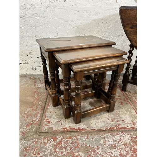 65 - Two pieces of oak furniture, one drop leaf gate leg occasional table on barley twist supports and on... 