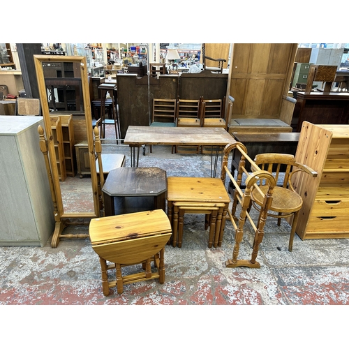 76 - Six pieces of furniture, mid 20th century Simpoles Ltd bentwood armchair, pine towel rail, pine nest... 