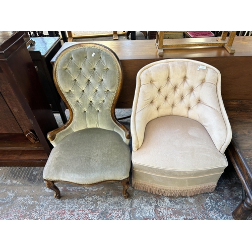 96 - Two fabric upholstered chairs, one Victorian style beech framed spoon back and one late 20th century