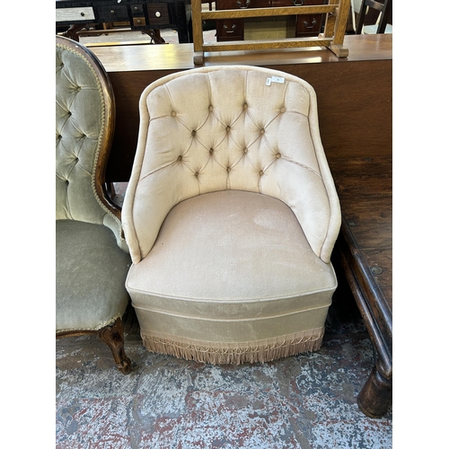 96 - Two fabric upholstered chairs, one Victorian style beech framed spoon back and one late 20th century