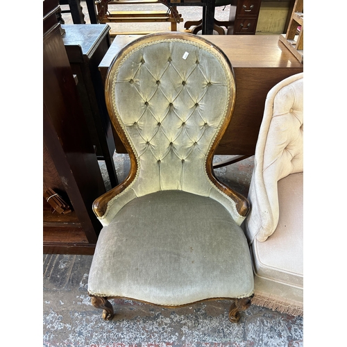 96 - Two fabric upholstered chairs, one Victorian style beech framed spoon back and one late 20th century