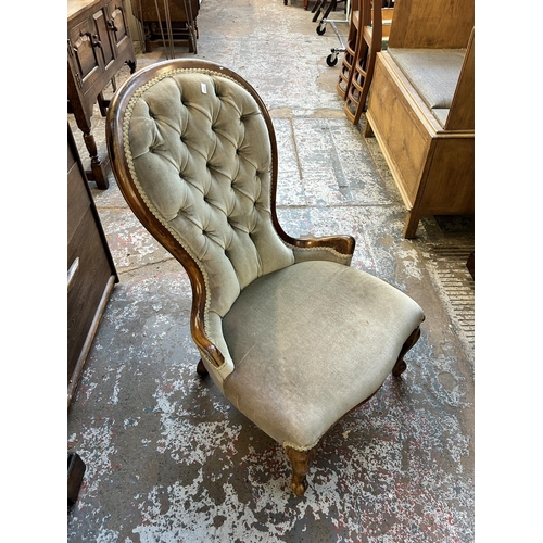 96 - Two fabric upholstered chairs, one Victorian style beech framed spoon back and one late 20th century