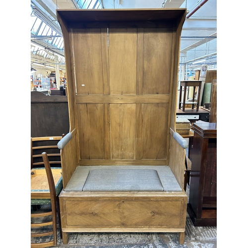 98 - An early 20th century oak and satinwood converted wardrobe hall bench - approx. 197cm high x 108cm w... 