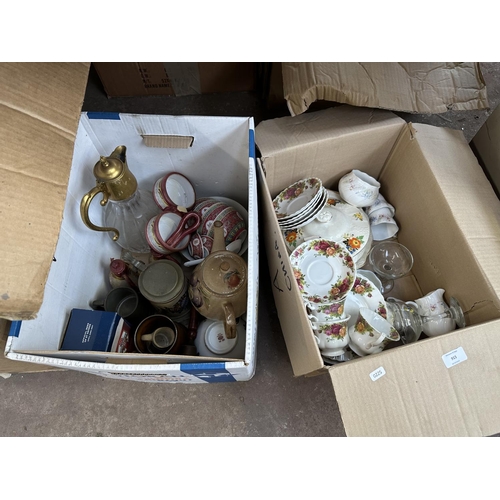 915 - Five boxes containing Royal Albert Old Country Roses China, oriental soup bowls, vinyl records, cost... 