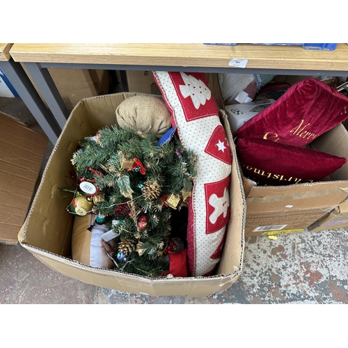 916 - Seven boxes containing a large collection of mainly Christmas decorations to include, trees, soft to... 