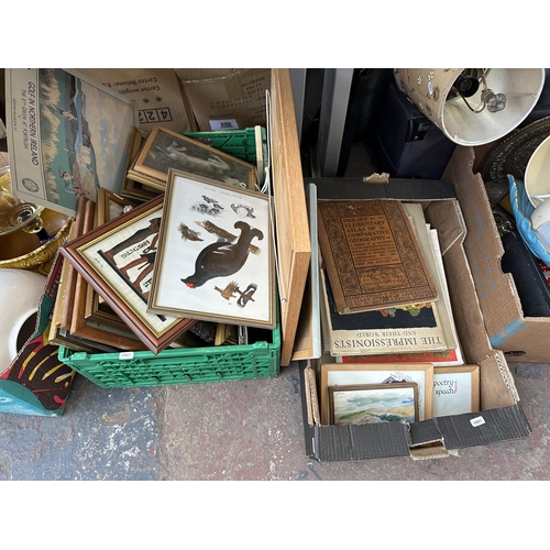 929 - Eleven boxes containing Wedgwood jasperware, mottled glass vase, metalware, Tudor seven piece silver... 