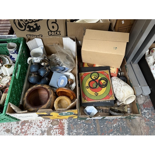 929 - Eleven boxes containing Wedgwood jasperware, mottled glass vase, metalware, Tudor seven piece silver... 