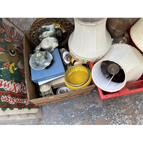 958 - Three boxes and three travel cases containing gilded convex wall mirror, W. H Goss cottage pottery d... 